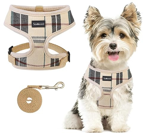 SCENEREAL Puppy Dog Harness with Leash Set for Small Medium Sized Dogs, Soft Mesh Step in Pet Harnesses and Leash, No Chock Plaid Adjustible No Pull Vest for Dogs Cats, Chihuahua,Bulldog | Dog Harness Soft Mesh Vest Harness for Dog Cat Chihuahua Bulldog Easy Pull No Pull, Beige S