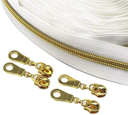 Endlos Reißverschluss Kunststoff Spiral 5-6mm (weiß/Spiral-Gold, 1 Meter + 2 Zipper)