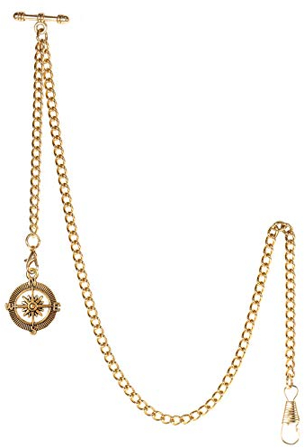 TREEWETO Taschenuhrkette mit T Bar Endstück Albert T-Bar Taschenuhr Kette mit Antiker Kompass-Anhänger und 2 Haken für Weste Knopfloch Gold