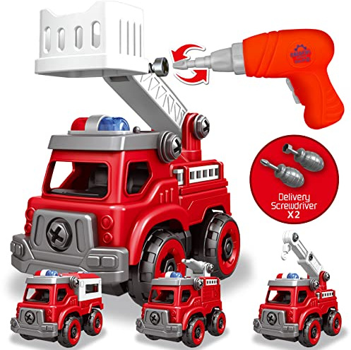 4-in-1 Take Apart Toys Truck with Electric Drill, DIY Assembly Fire Truck Toy Vehicles, Kids STEM Building Educational Cars Toys, Birthday Gifts for Age 3 4 5 6 7 8 Years Old Boys Girls