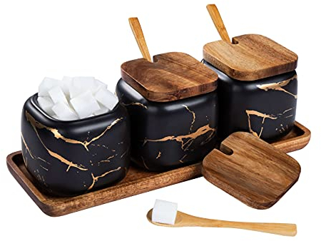 TELANKS Set Zuccheriera in Ceramica, 3 pz Condimento Box con Coperchio e Cucchiaio e Vassoio, Spezia Jar Cucina Scatola Barattolo di Spezie, Utensili da Cucina Forniture per Spezie, Nero