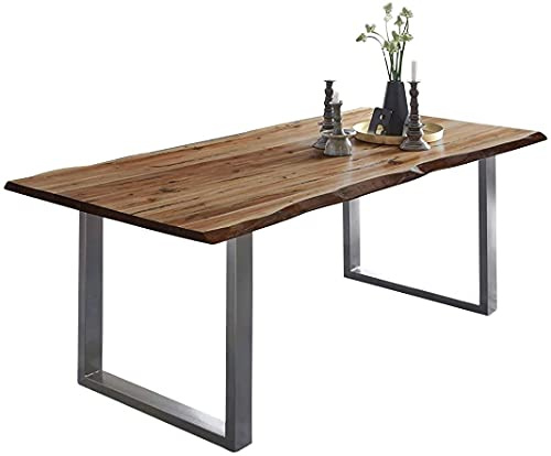 SAM Esstisch Mephisto 200x100 cm Akazie Natur U-Gestell Silber | Baumkantentisch massiv, Akazienholz naturfarben, 26 mm Tischplatte, Esszimmertisch, Holztisch