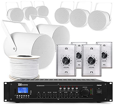Power Dynamics Professional 4-Zone 100V Outdoor Projector Speaker System with 8x PSP6 Speakers, PRM240 Amplifier, Bluetooth, Volume Controls & Speaker Cable