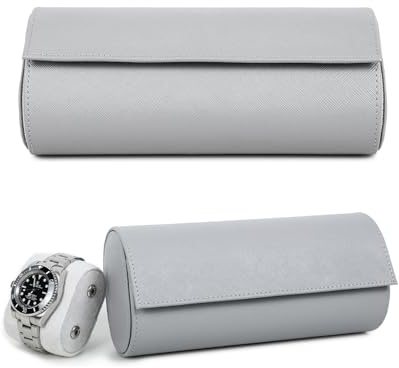 Hiram Uhrenkoffer aus echtem Leder für 3 Uhren, handgefertigt, echtes Saffiano-Leder, Reiseuhr, tragbares Etui mit abnehmbaren Kissen, Snag Mounting Design (Grau)