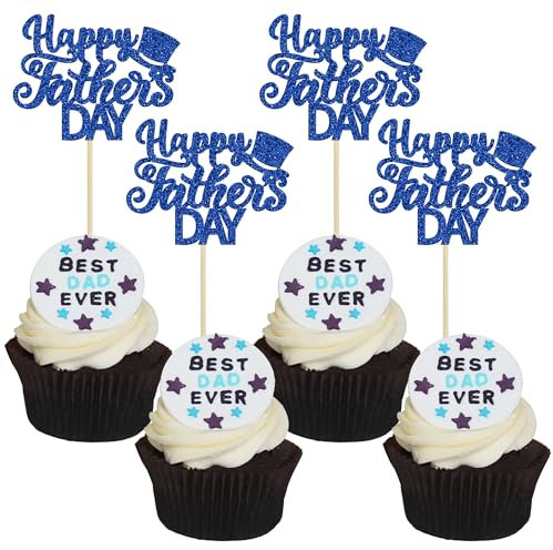 24 PCS Happy Father's Day Cupcake Toppers with Hat Blue Glitter Love Dad Theme Cupcake Picks Dad Birthday Decorations for Father's Day Dad Birthday Party Supply