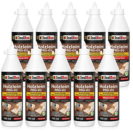 Isolbau Colle à bois PRO-D3 - 10 x 750 ml (860 g) - Colle à bois extra forte pour tous les types de bois - Pour intérieur et extérieur - Imperméable - Sans solvant