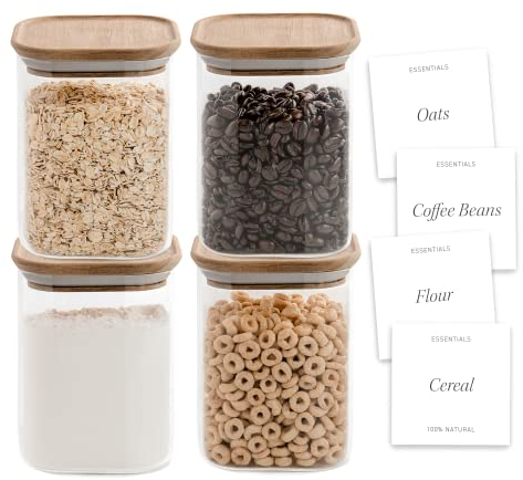 Bloom & Breeze Airtight Glass Pasta Containers for Pantry, Spaghetti Container, Glass Cereal Containers Storage, Rice Dispenser, Square Glass Storage Acacia Lids, Pack of 4, 32oz
