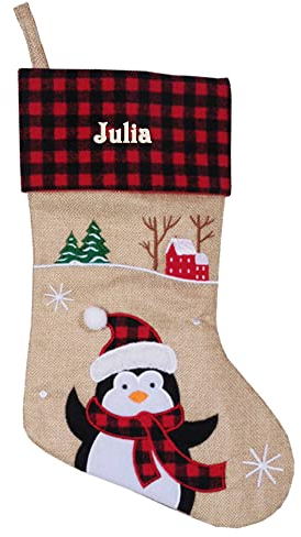 Geschenkegarten Personalisierter Nikolausstiefel schottischer Stil - Weihnachtsdekoration - Namensstickerei - Motiv Pinguin