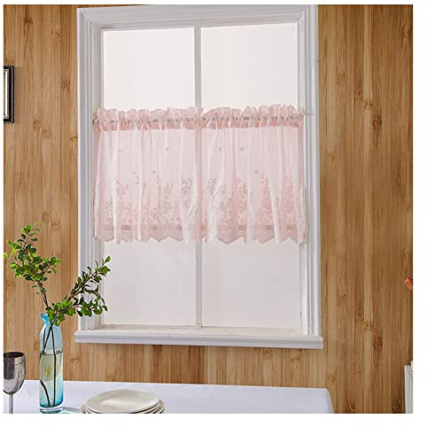 Yurosiay Visillo de encaje vintage, semitransparente, cortas, pequeñas y semitransparentes, cortina de bistró, bordada, para salón, dormitorio, cocina, rosa, 137 x 61 cm