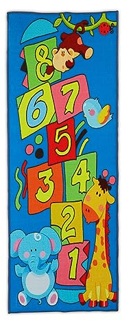 Relaxdays Kinderteppich Hüpfkästchen, Spielteppich mit Tier-Motiv, 179 x 67 cm, Hüpfteppich für Himmel und Hölle, bunt