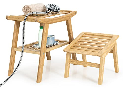 RELAX4LIFE Duschbank mit Fußhocker Bambus, Sitzbank mit Ablage, Badesitz mit Rutschfesten Füßen, bis 150kg Belastbar, Badehilfe für Schwangere & Alte, Natur