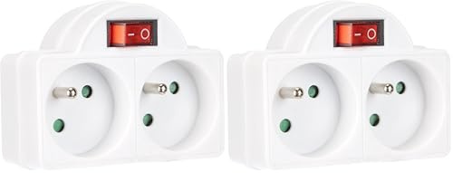 Electraline 531192 Adapteur Fiche Multiprise Biplite avec Interrupteur 2 Prise 16A, Blanc (Lot de 2)