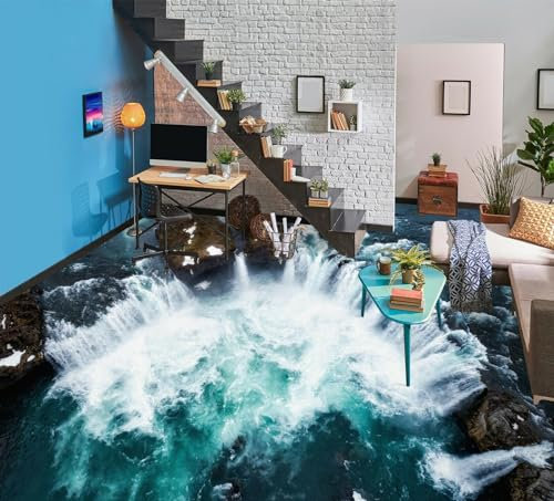Bodendekorationsposter 3D-Wandbilder mit Wasserfall-Seeboden, 300 x 210 cm Bodenfliesen Aufkleber Wohnzimmer Studie Bodenbelag Tapete, Epoxidharz