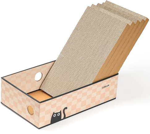 Conlun 5-pack klösbrädor för katter med låda, stor vändbar dubbelsidig skrapdyna i kartong, interaktiva hål och utan röra för inomhuskatter, möbelskydd från kattklor (stort, schackbräde)