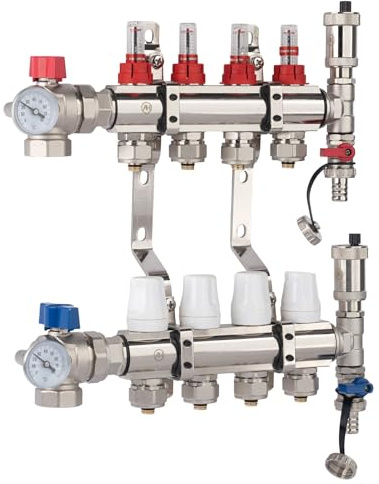 AQUA HEATING Collettore Per Riscaldamento A Pavimento 4 Circuiti Di Riscaldamento Kit Collettore Riscaldamente 10 Bar Valvola Ad Angolo