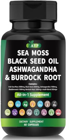 AYP Sea Moss Bladderwrack Black Seed Oil Ashwagandha Burdock Root Capsules Multi Blend Supplement + Multi Vitamin Turmeric Manuka Honey Elderberry Chlorophyll