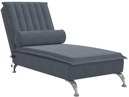 vidaXL Massage Chaiselongue mit Nackenrolle, Liegesessel mit Sperrholzlatten Metallbeine, Relaxliege für Wohnzimmer, Liegestuhl, Dunkelgrau Samt