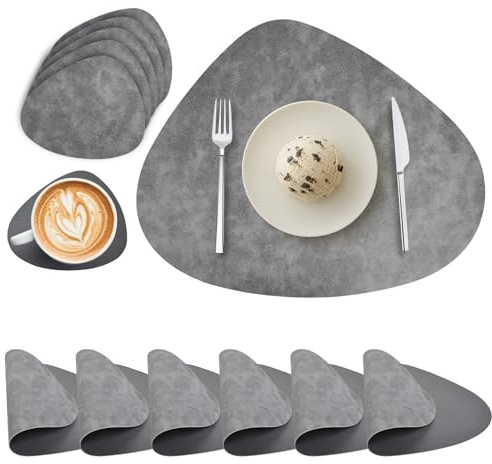 Tischsets Abwaschbar und Untersetzer, Tischsets Leder Platzsets Rund Doppelseitigen Abwischbar Hitzebeständig rutschfest Platzdeckchen Tischsets Lederoptik 6er Set (Grau Dunkelgrau)