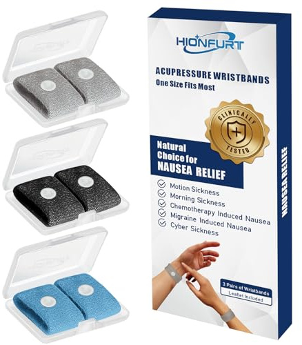 Hionfurt Åksjukeband Armband mot illamående för vuxna och barn Graviditet Morgonillamående Lindring Akupressurarmband Illamående Lindring vid bil-, sjö- och luftsjuka - 3 par grå, svart, blå