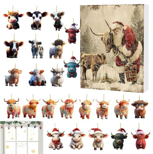 Highland Cow Weihnachts Adventskalender 2024, Highland Cow Adventskalender Anhänger, Highland Cow 24 Tage Adventskalender Weihnachtsschmuck, Weihnachts-Countdown-Kalender Für Familie, Freunde