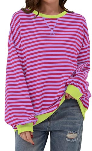 Chicrise Camiseta Mujer Cuello Redondo Manga Larga Chandal Clásico Rayas Sweatshirt Simple Moda Morado X Grande 46-48