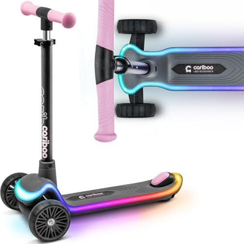 Cariboo Roller Kinder Scooter Mit 3 Rädern Ab 3 Jahren Kinderscooter Kinderroller LED Trittbrett Beleuchtung 5 Mehrfarbige Und 6 Einfarbige Modi Dreirad Höhenverstellbar ABEC7 Rosa LEDstar