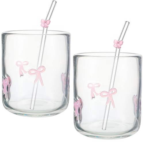 Skylety 2 Set Pink Bow Icon Juice Glasses, 14 oz Cocktail Cups with Straws | 14 Ounce Double Old Fashioned Icon Handblown Cocktail Cup for Women Sister Friend Part, Not Suitable for Hot Water