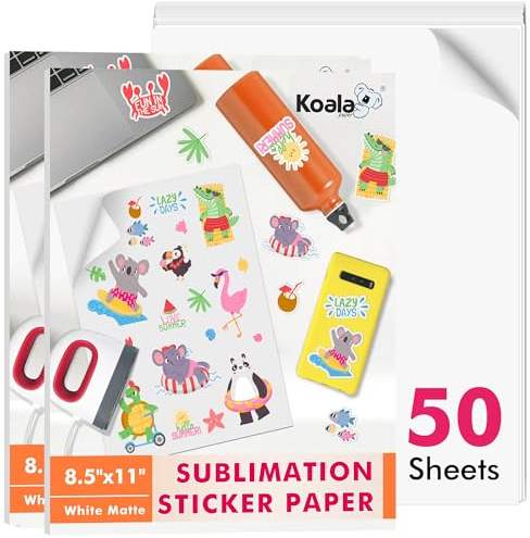 Koala Sublimation Sticker Paper Matte White Waterproof Vinyl 8.5x11 inch 25 Sheets, 2 Packs Total 50 Sheets Quick Dry Vivid Colors Holds Ink well