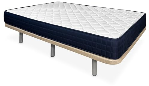 Duérmete Online - Cama Completa con Colchón Lua Reversible + Base Tapizada Extra Reforzada con 6 Patas Cilíndricas Metálicas Roscadas, 135 x 190, Beige