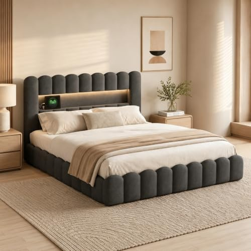 YGHQAP Polsterbett Bubble Bett 180x200cm Doppelbett mit LED und USB-Ladefunktion Hydraulisch Stauraumbett mit Eicher Rückenlehne Jugendbett, Leinen, ohne Matratze