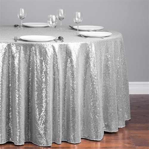 Highdi Tischdecke Pailletten Stoff, Tischdecke Rund Abwaschbar Outdoor für Party Hochzeiten Hotels Bankette und Feiertage Dekoration (180cm,Silver)