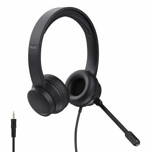 Trust Roha II Casque Filaire Léger on Ear 3.5mm avec Micro, Câble 1,8 m, Arceau Réglable, Microphone Flexible, Casque Audio PC pour Ordinateur Portable Bureau Teletravail Chat Teams Zoom, Noir