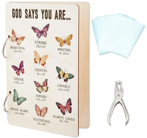 SUPERDANT Butterfly Greeting Card Holder Organizer Bible Verse Inspirational Wooden Postcard Binder Birthday Cards Keeper Photo Album Cover with Punch and 20 Inner Pockets Gifts for Woman
