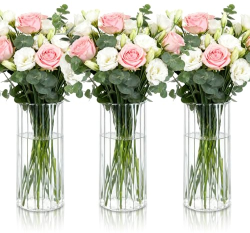 STARVAST 3 Stück Kleine Vasen Deko für Tischdeko, Modern Blumenvase Glas, Mini Vase Tulpen Set, Glasvase Zylinder Rund Gross, Tulpenvase für Tulpen, Pampasgras, Orchideen, Rosen, 20 cm Hoch