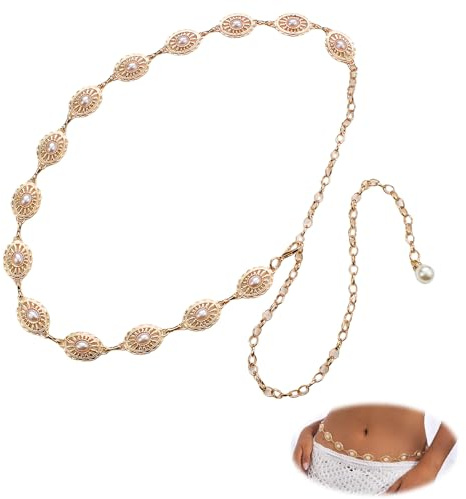 YingMengZhiGe Bauchkette Gold Boho Verstellbarer Goldener Gürtel Metall für Kleider Jeans Bikini Kettengürtel Damen Gold mit Perlen Taillenkette für Abendmode Party Festival