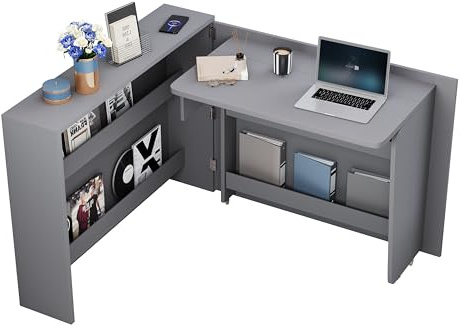 Merax Faltbarer Schreibtisch mit Rollen & Wireless Charger – 2-in-1 Sideboard & Arbeitsplatz, Hochglanz Weiß, 95×51 cm Tischfläche, Anti-Kipp-Sicherung, mit Regal, mobilem Design, 115×27×93 cm, Grau