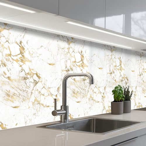 KitchenYeah© Credence Adhesive Pour Cuisine Panneau Mural Adhesif Fond De | 80x400 cm - Hotte Plaque Pvc Murale Peel And Stick Protege Mur Blanc - Marbre - Luxe - Or