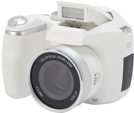 Videocamera Digitale Videoregistratore Fotocamera DSLR Flash LED Retro Zoom Ottico 12x 6X per Ritratti di Viaggio (White)