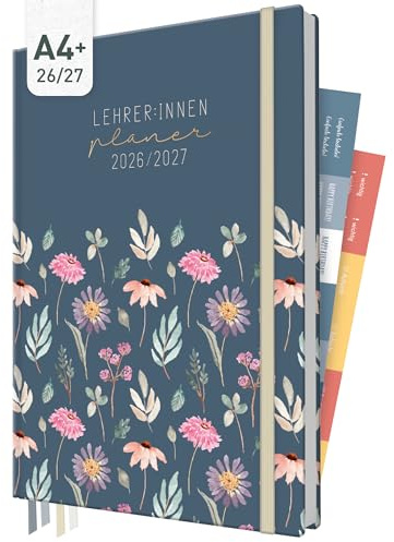 Häfft® Lehrer-Planer Maxi 2026/2027 im A4+ Format Flying Flowers | Großer Lehrerkalender & Schulplaner für das Schuljahr 26/27 – Hardcover mit 4 Lesebändchen, Notenlisten & Stickern