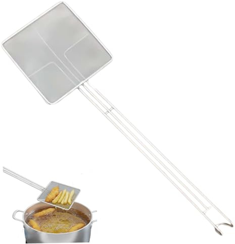 Cucchiaio per schiumarola a maglia fine in acciaio inossidabile, filtro per olio quadrato con manico lungo resistente al calore per friggere, filtrare i residui di cibo da olio, erbe aromatiche, f.