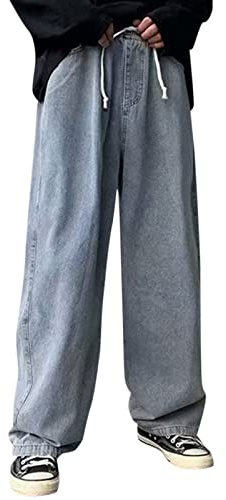 Generiska jeans för män baggy: Jeans med dragsko denimbyxor raka ben jeans lätta tygbyxor andas stretchjeans nötningsbeständiga utomhusbyxor vardag klassiska fritidsbyxor för män, blå, L