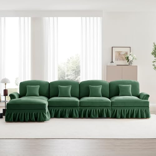 Klassisk modulär L-formad fyrsitsig soffa av chenille med trattarmstöd, avtagbart volangförkläde, spindelformade ben och rörlig pall – djup, bekväm sits för vardagsrummet, grön