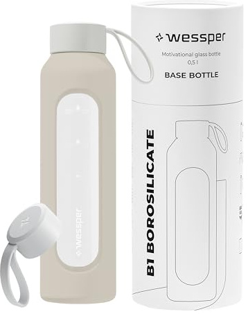 Wessper Botella Agua Cristal, 500ml, Botellas Motivadora - Ecru | botella de cristal para agua, Escala de Hidratación, Botellas de Vidrio Borosilicato con Funda de Silicona, sin BPA