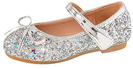 Prinsessskor för flickor – glitterskor, glitter, Mary Janes skor, platta dansskor med fjäril, klädskor, balett, lägenheter, lätta kvällsskor med kardborreband, flickskor, silver, 29 EU