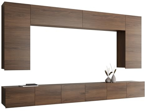 Mirjan24 Moderne Wohnwand Calabrini XIII, Anbauwand, Mediawand, Hängeschrank, TV Lowboard, Wandregal, Fernsehschrank, Wohnzimmerschrank (Nuss Warmia)