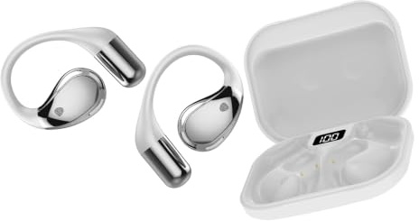 Conyat Auriculares Bluetooth 6.0 Open-Ear con micrófono, Ganchos de oído Ajustables, Gran Comodidad de Uso, Impermeables IPX7, C-Blanco