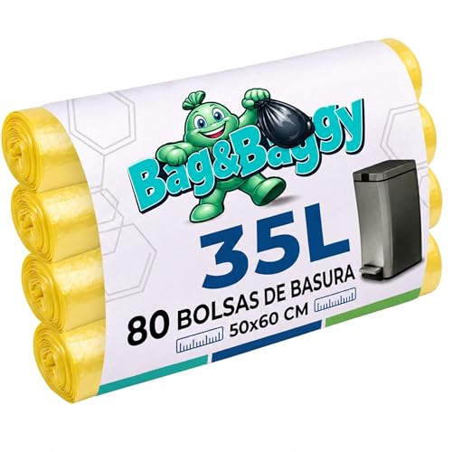 Bag&Baggy 80 bolsas de basura amarillas de 35 litros con cordones de cierre, 50 x 60 cm, HDPE resistente, bolsas de basura antiagujeros para recogida selectiva, 4 rollos de 20 unidades