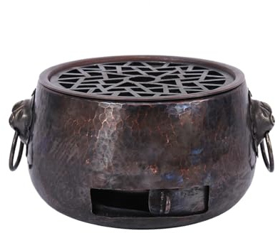 Baoblaze Portable Briquette Burner Tabletop Heater Hammered Copper Look Round Grate Top Side Loop Carry Front Air Vent Stainless, Small New Version Charcoal Net With Damper
