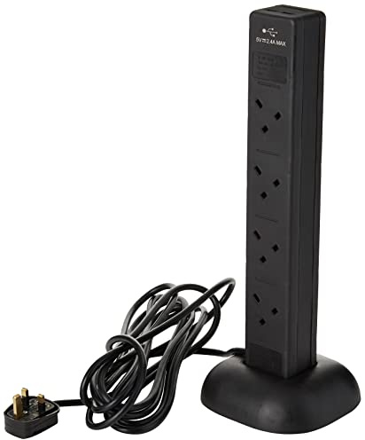 PRO ELEC PEL00137 – 8‑Gang Surge Protected Tower Extension Lead with USB, 5 m, Black