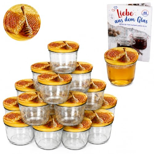 MamboCat 40er Set Einmachglas 230 ml I Rundgläser Einkochgläser mit Schraubdeckel mit Carino Honigwabe als Honiggläser uvm I Twist Off to 82 I Aufbewahrungsgläser mit Deckel I inkl. Rezeptheft